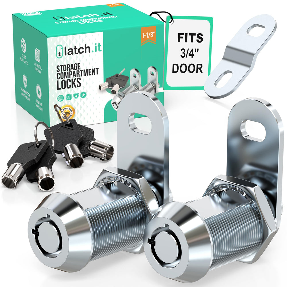 Latch.it 1-1/8 cam lock 2-pack front view showing sturdy metal construction for RV storage.
