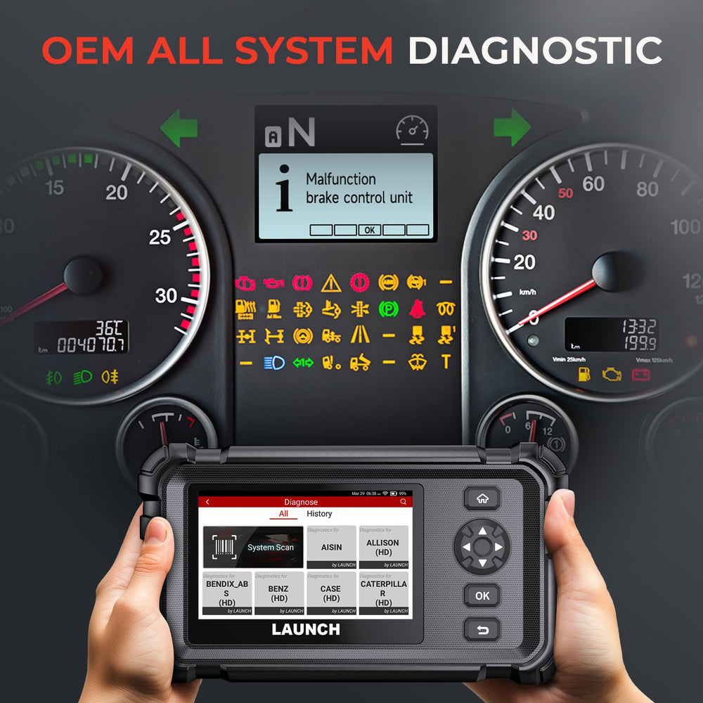 LAUNCH CRP129HD screen showing 50+ brands coverage for fleet diagnostics