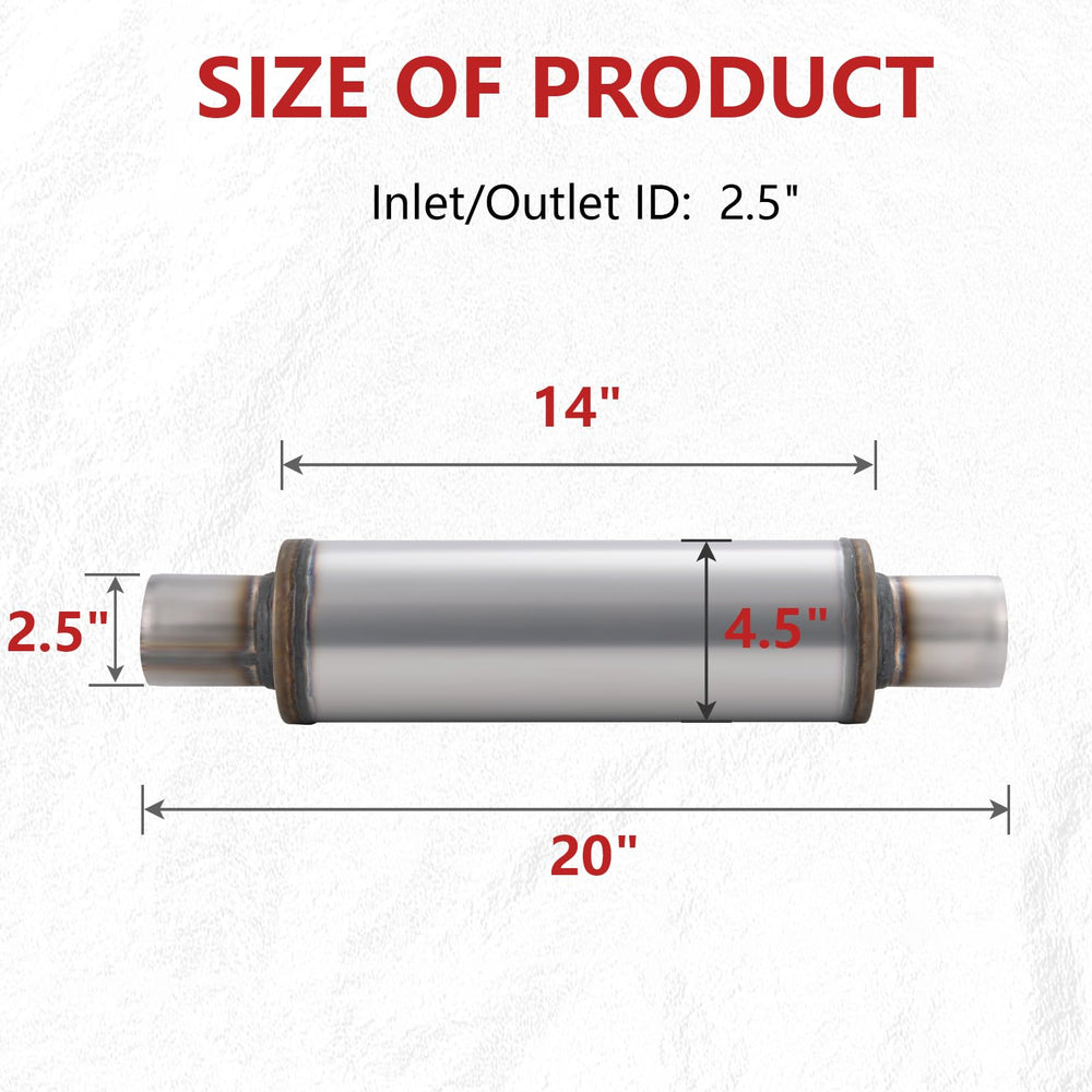 LCGP muffler front view shows 2.5 inch inlet and outlet with robust build.