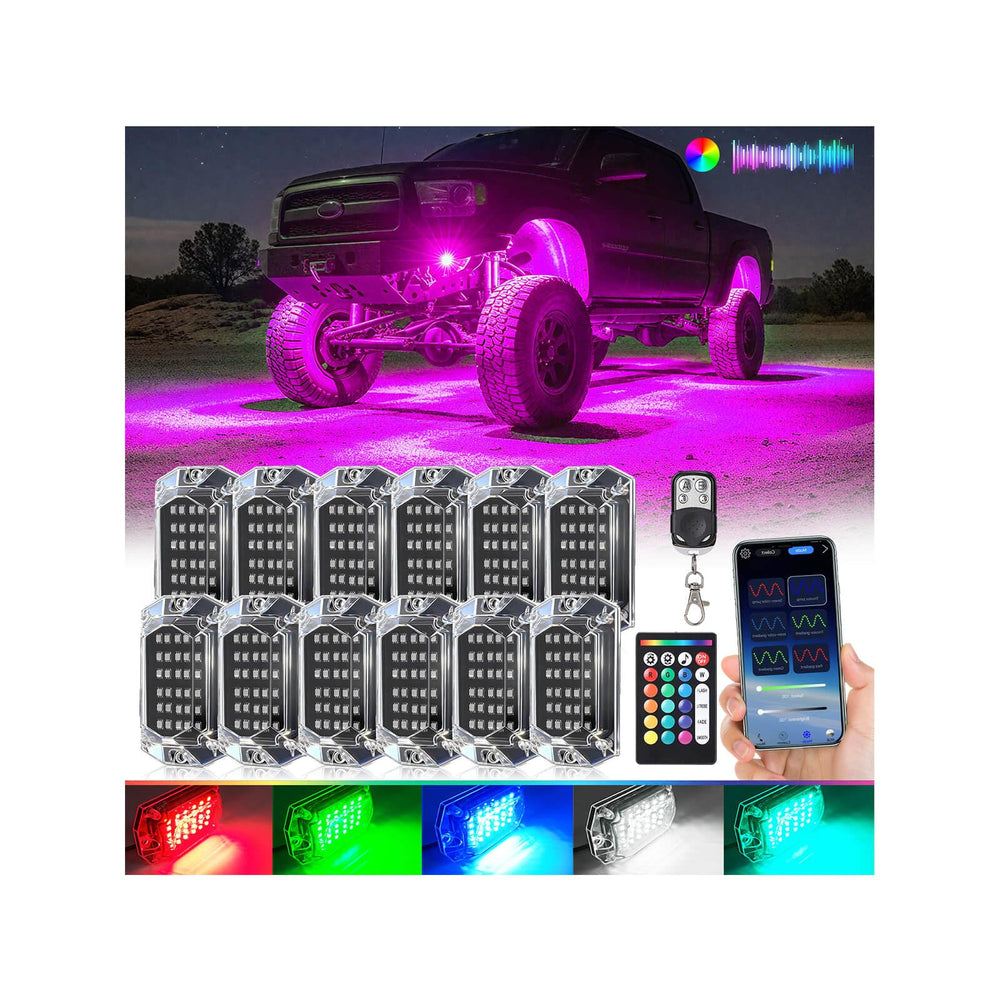 LD DARKEAGLE 12Pods full-angle RGB rock lights illuminate the underbody for safer night driving.