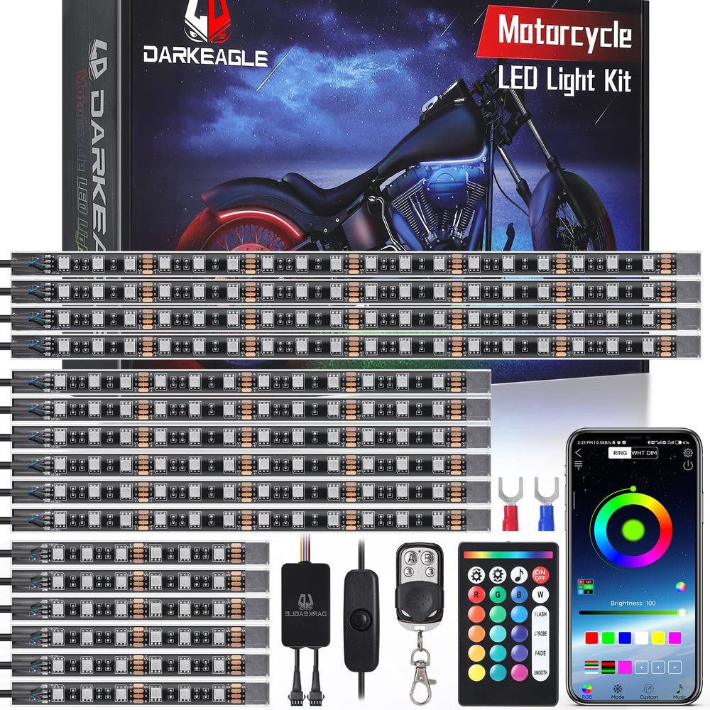 LD DARKEAGLE 16pcs RGB underbody kit adds vivid color for night rides.
