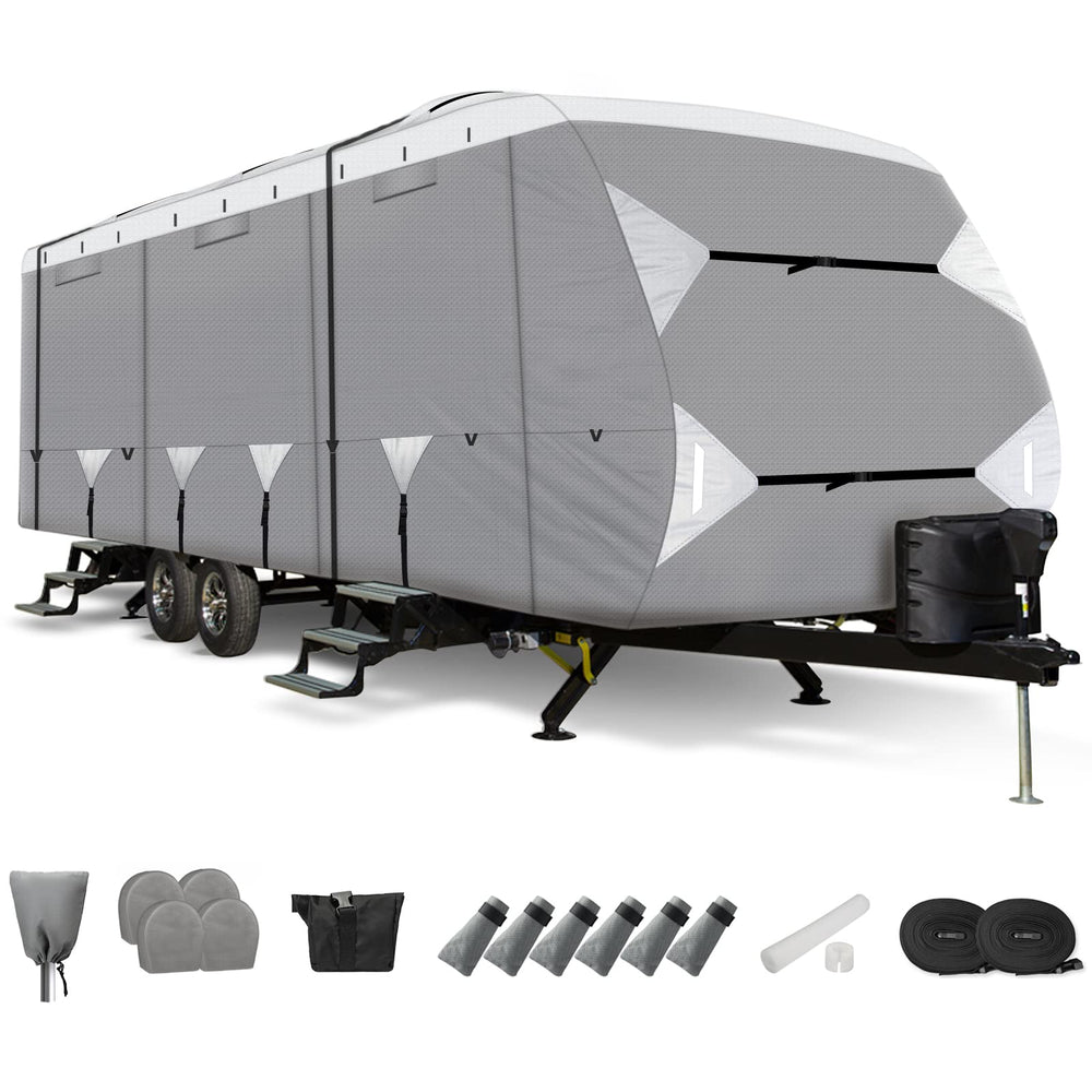 Leader Accessories travel trailer cover front view showing protective top panel and fit