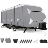Leader Accessories travel trailer cover front view showing protective top panel and fit
