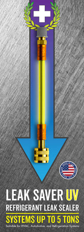 Leak Saver Direct Inject UV bottle pour demonstrates easy application for refrigerant sealing.