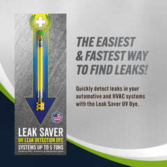 Close-up of Leak Saver UV Dye bottle highlighting vivid glow for leaks.