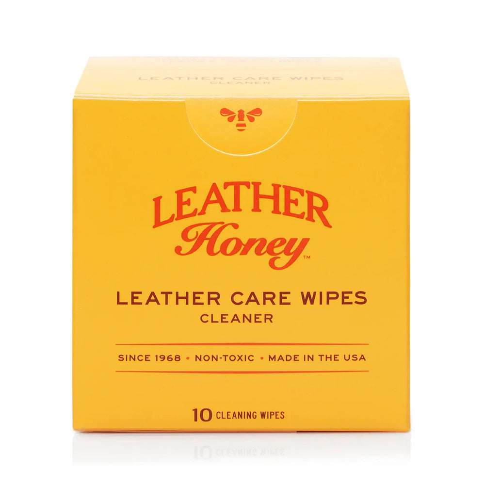 Leather Honey cleaner wipe pack shown, convenient on-the-go leather care for quick dirt removal.