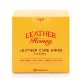 Leather Honey cleaner wipe pack shown, convenient on-the-go leather care for quick dirt removal.