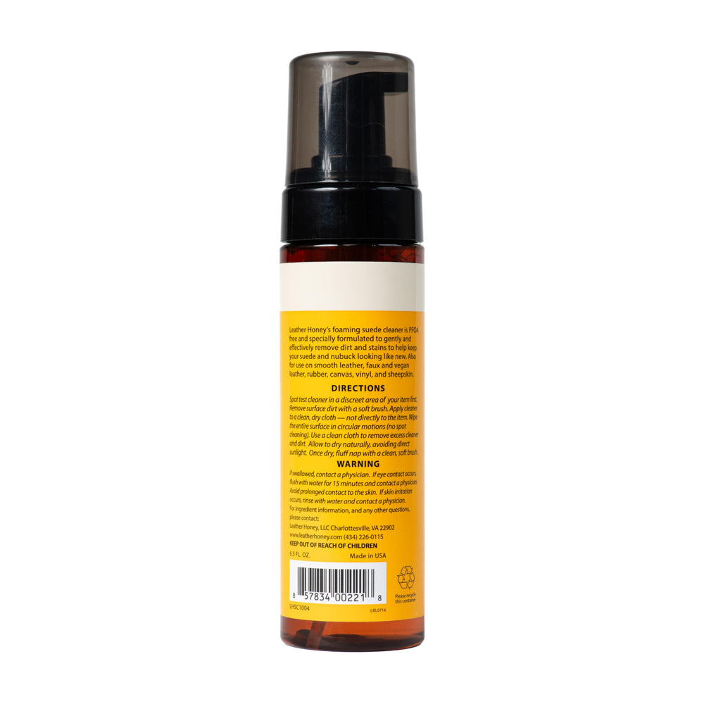 Leather Honey Suede Cleaner foam application lifts dirt gently without harsh fragrances.