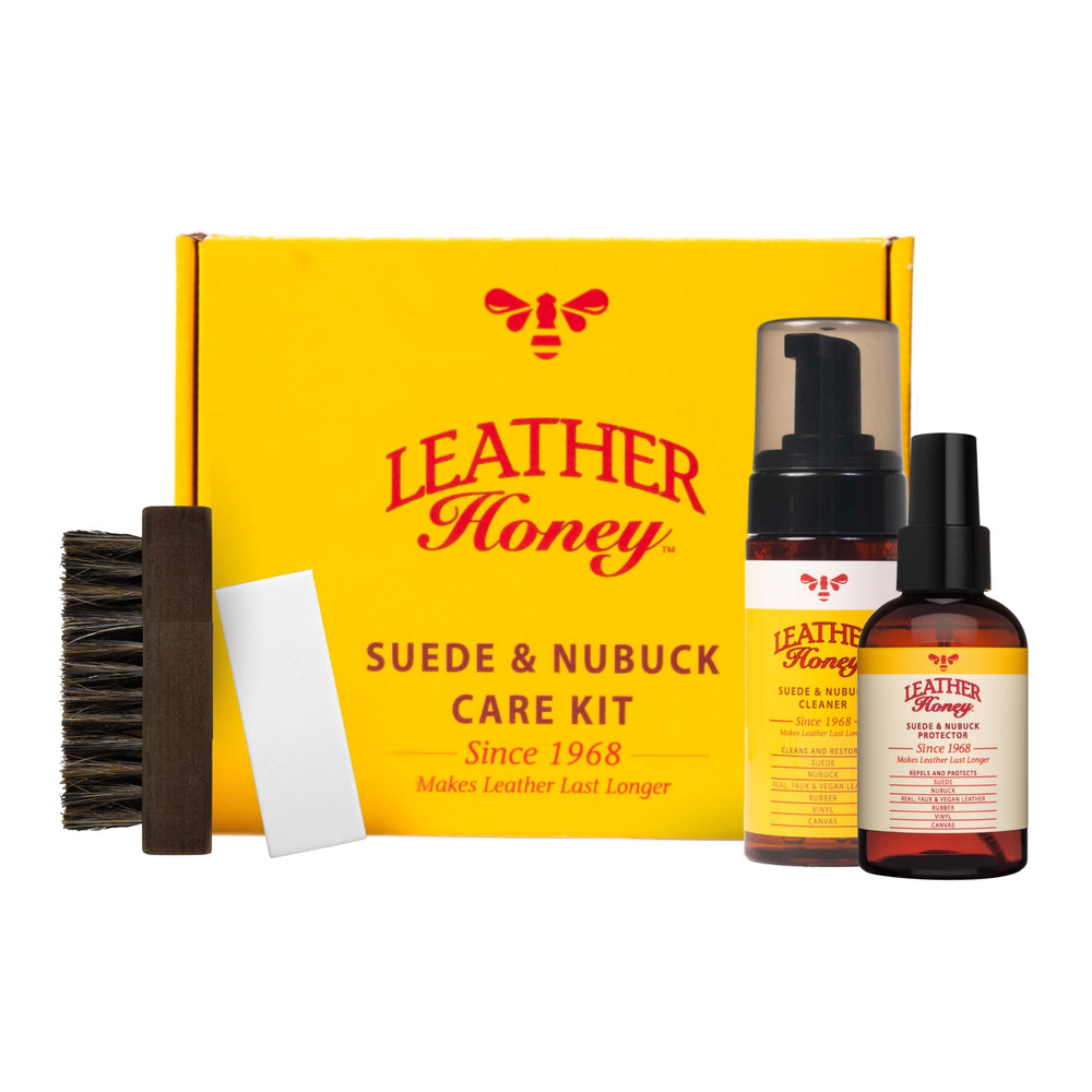 Leather Honey suede-nubuck cleaner bottle showing foaming action for gentle dirt release