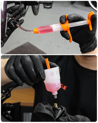 LEBYCLE kit in use on a hydraulic brake, showcasing quick bleed workflow