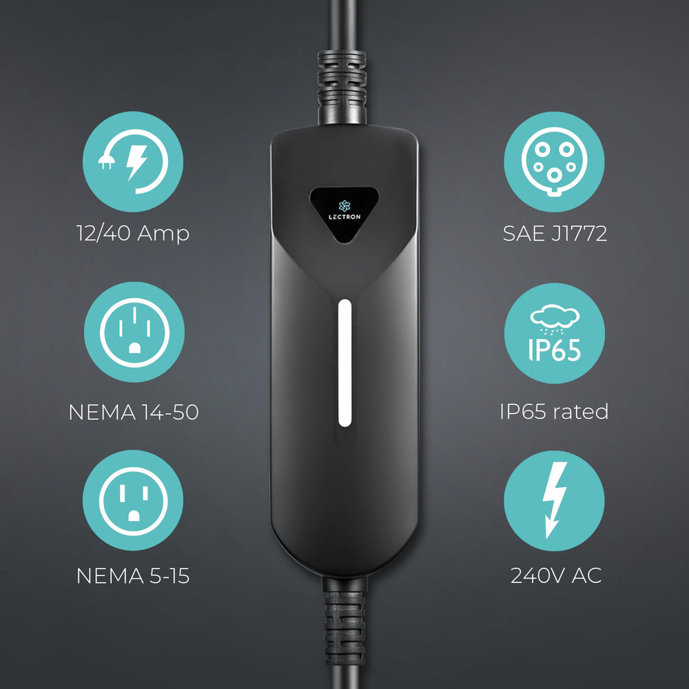 Lectron EV charger dual plugs visible demonstrating universal NEMA compatibility