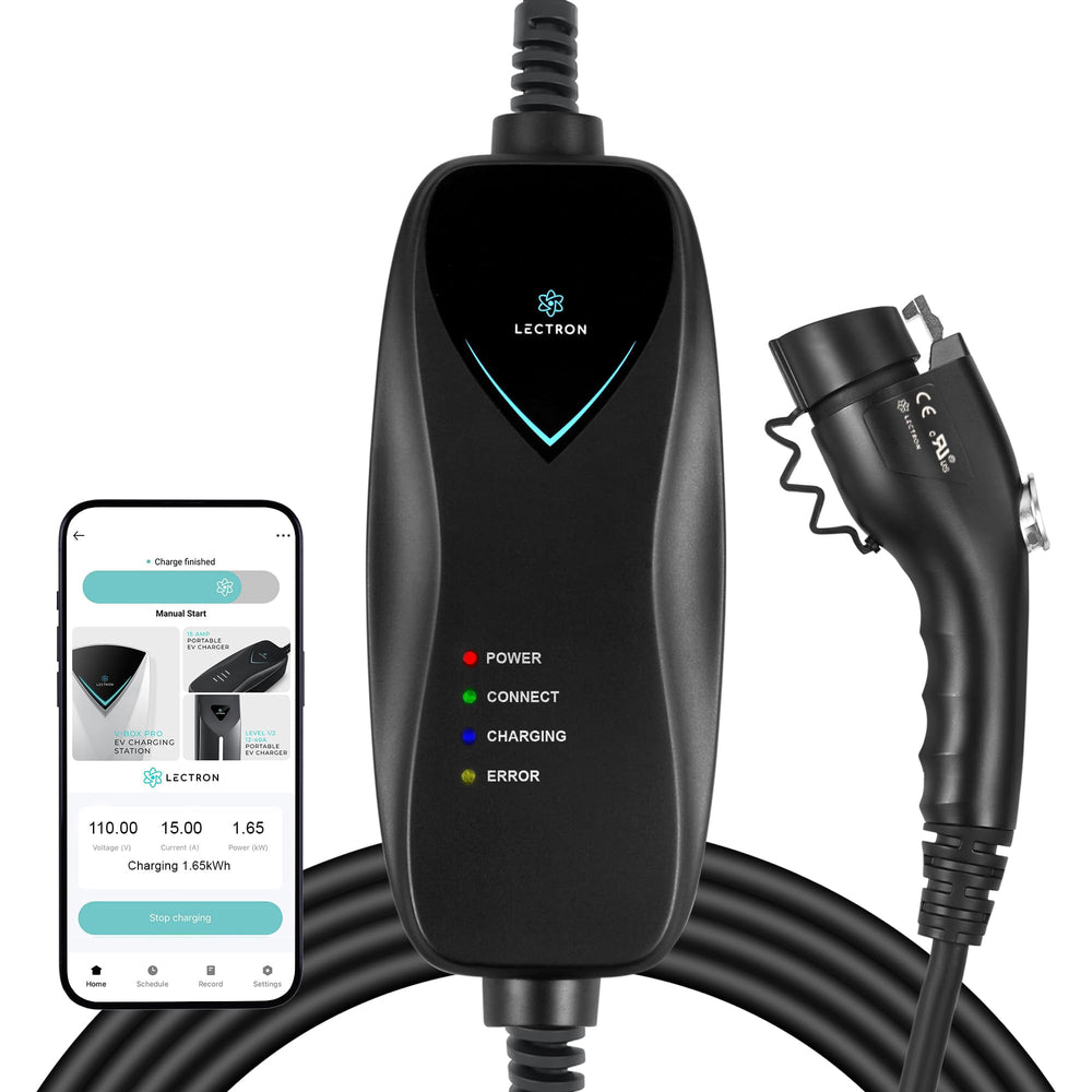 Lectron Level 1 J1772 charger front view, portable home charging and road trips.