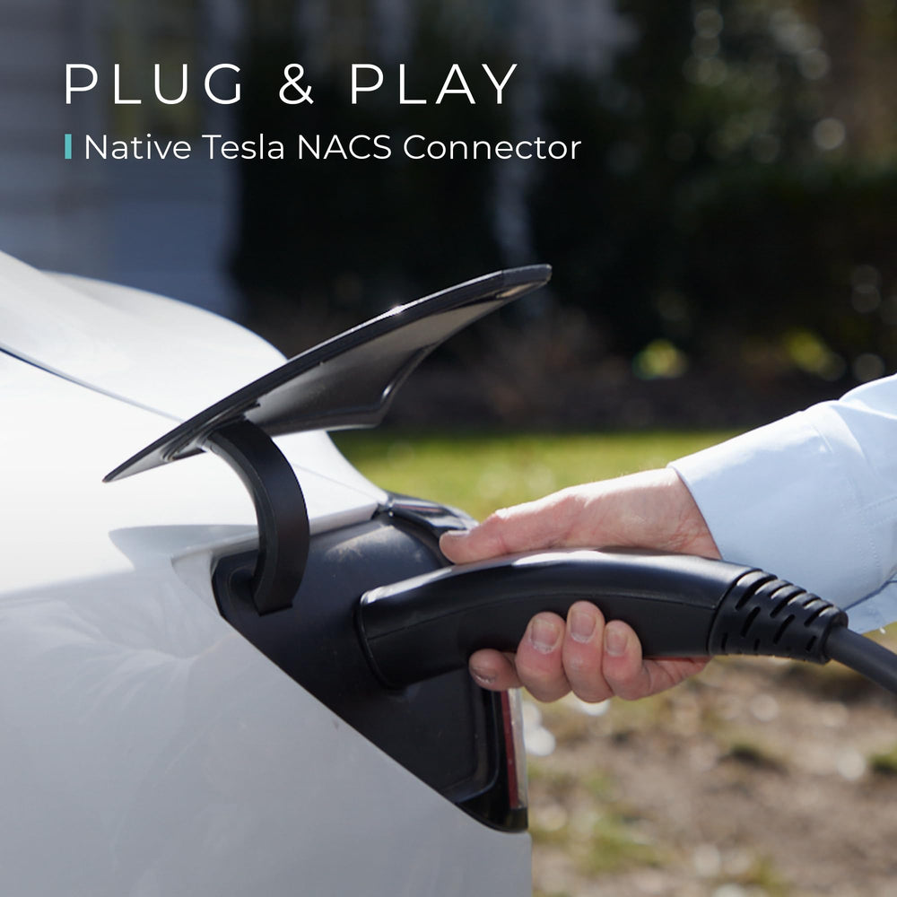 Lectron Level 1 Tesla Charger connected to a Tesla Model X at home.