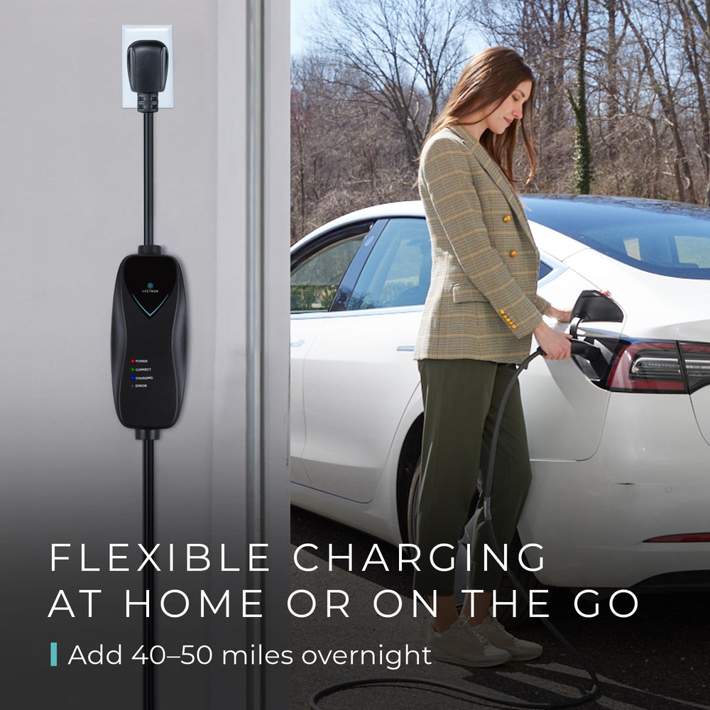 Lectron Level 1 Tesla Charger with NEMA 5-15 plug in use.