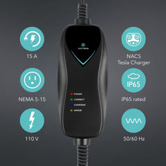 Lectron Level 1 Tesla Charger packaging and quick-start guide included.
