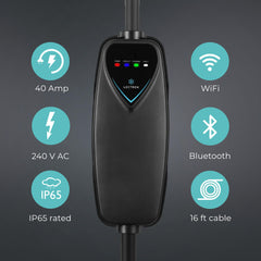 Lectron Level 2 Charger connected to a Tesla, travel-ready and home-friendly.