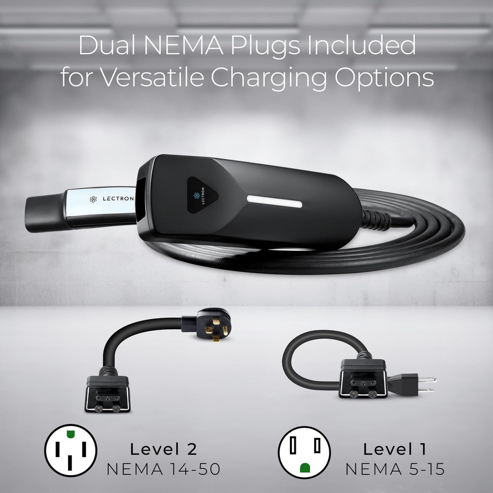 Lectron portable EV charger with NEMA 14-50 and 5-15 plug for on-the-go charging.
