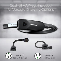 Lectron portable EV charger with NEMA 14-50 and 5-15 plug for on-the-go charging.