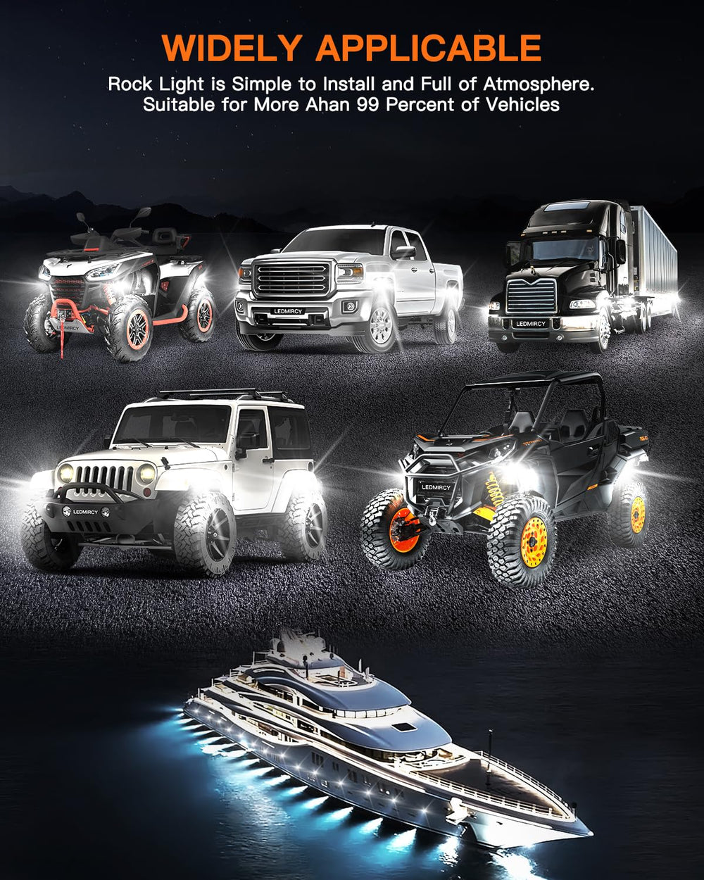 LEDMIRCY 16-piece kit fits most DC 9-36V vehicles for versatile underbody lighting.