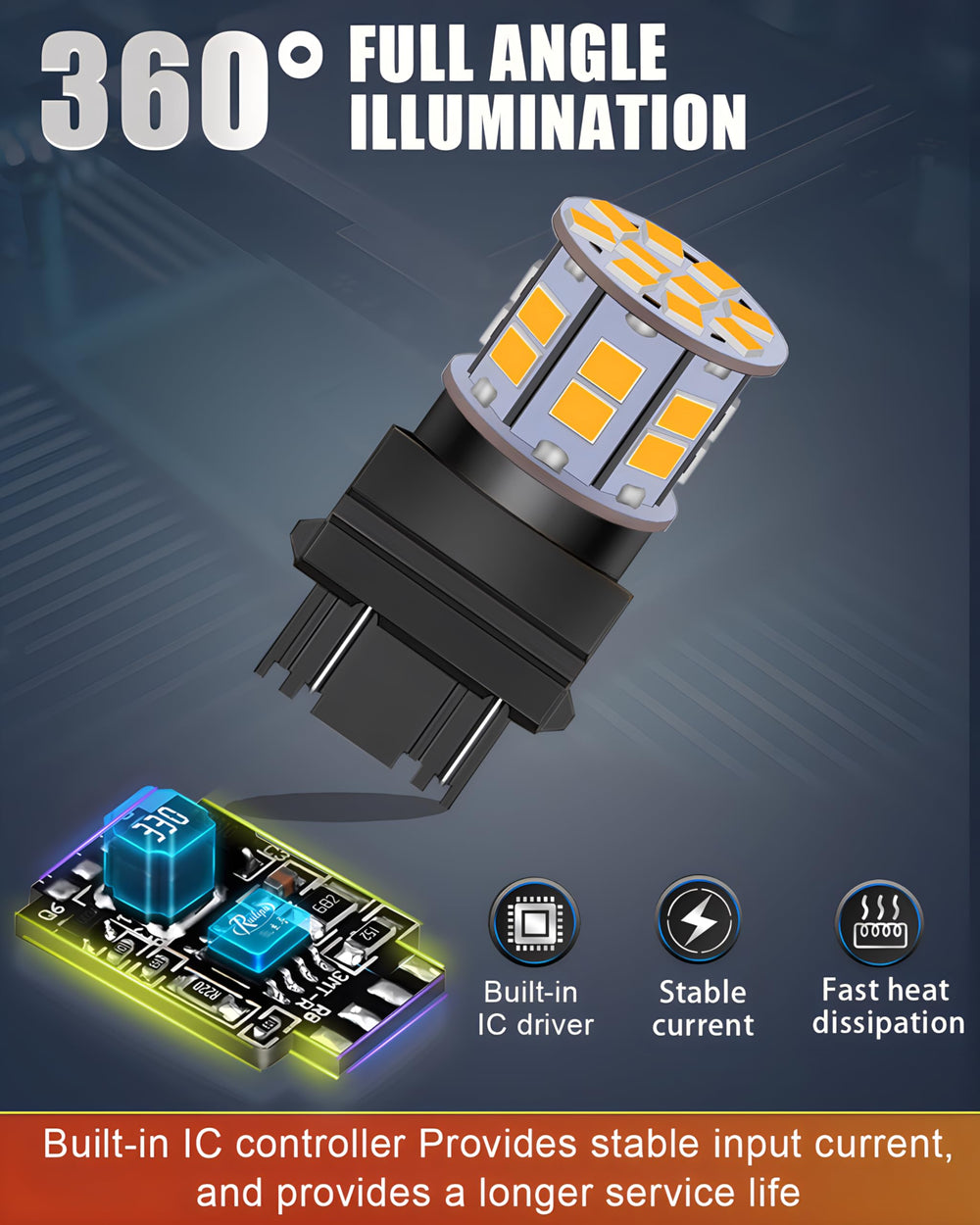 LEDYOTRY amber 3157 LED bulb demonstrating 360-degree illumination
