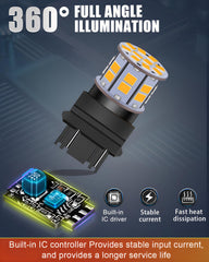 LEDYOTRY amber 3157 LED bulb demonstrating 360-degree illumination