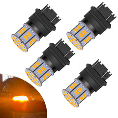 LEDYOTRY amber 3157 LED bulb closeup with bright 360-degree signal for clear turn indicators