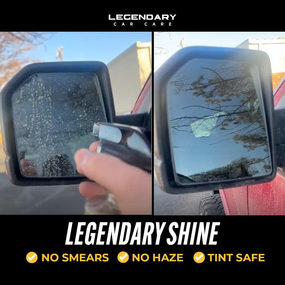 Crystal-clear glass revealed after Legendary Glass Cleaner application.