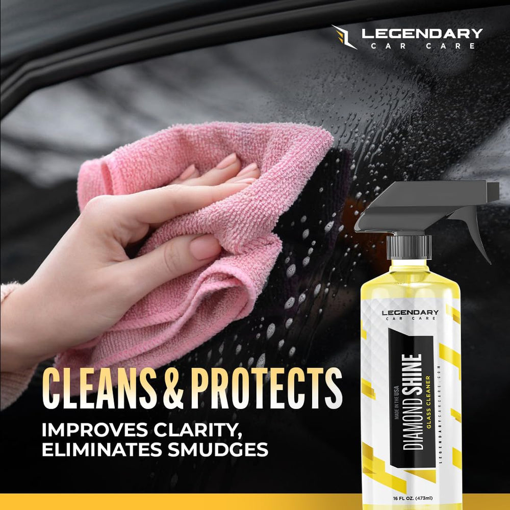 Streak-free finish achieved with Legendary Glass Cleaner on car glass.