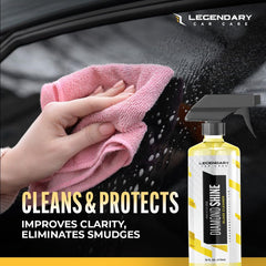Streak-free finish achieved with Legendary Glass Cleaner on car glass.