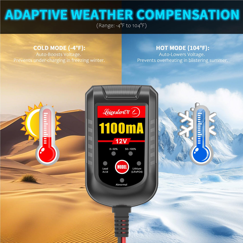 LEICESTERCN mode switch selects lead-acid or lithium settings.