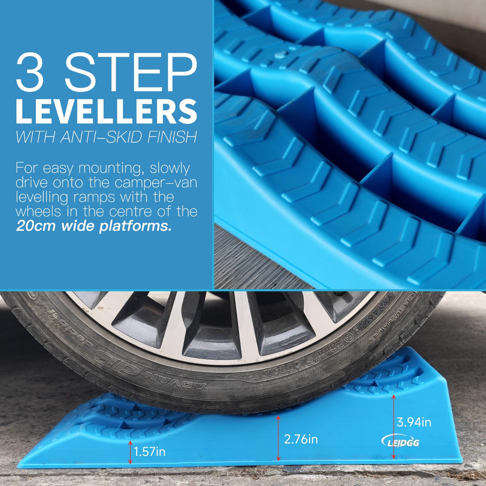 LEIDGG Height-Adjustable 3-Step Ramps provide versatile leveling heights.