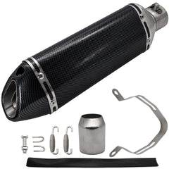 LEIMO KPARTS slip-on muffler features a carbon fiber finish for universal 38-51mm fit.