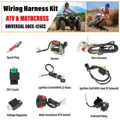 Kit contents image showing the wiring loom, CDI, solenoid and rectifier for ATV