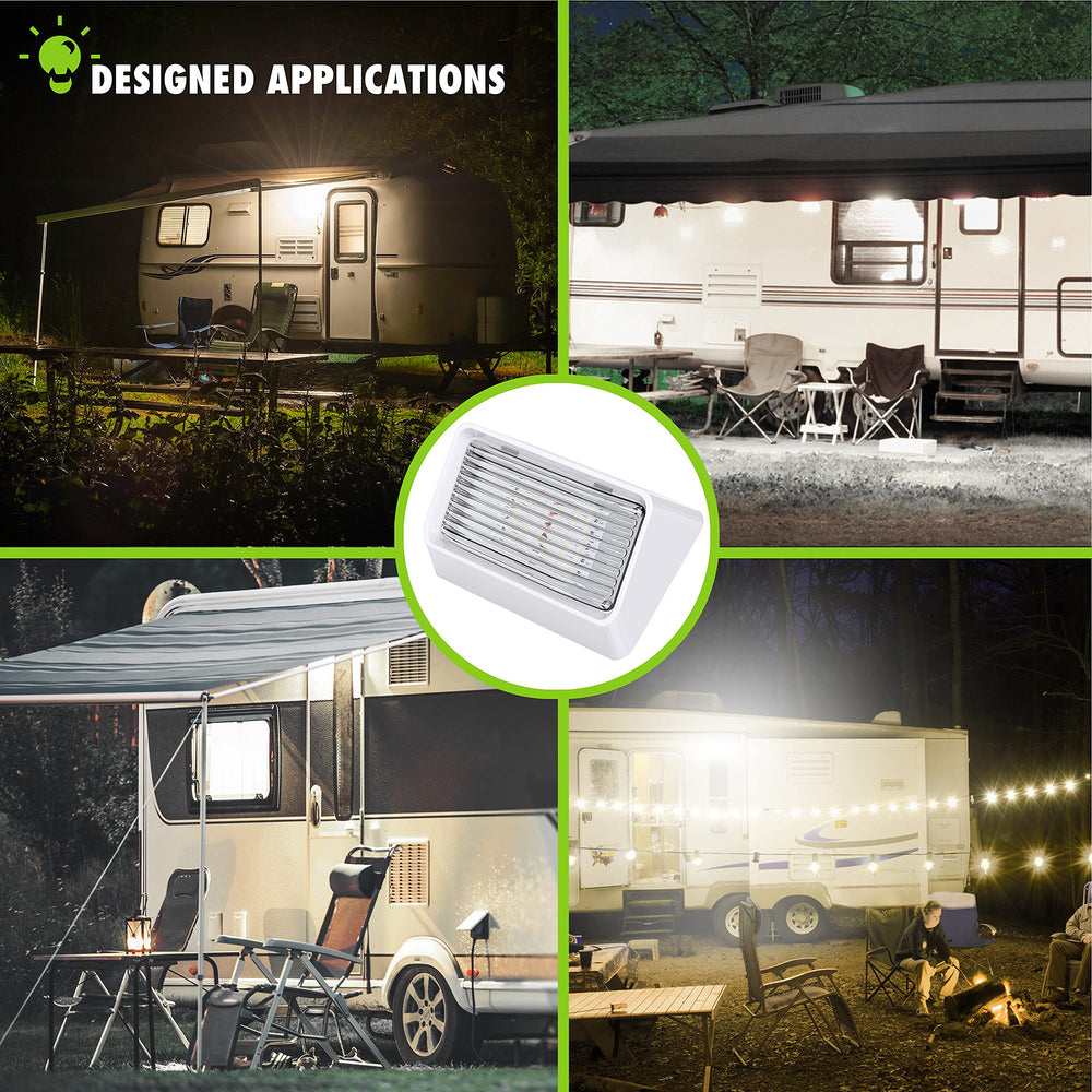 Leisure LED porch light 12V DC compatible for RVs.