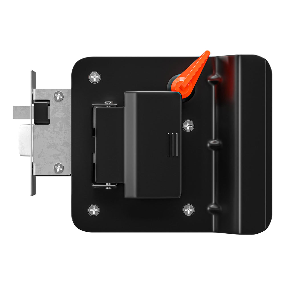 Front view of Leisure Locks Polar Black Paddle Deadbolt on an RV door