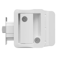 Leisure Locks white RV door lock blends with exterior and offers reliable performance
