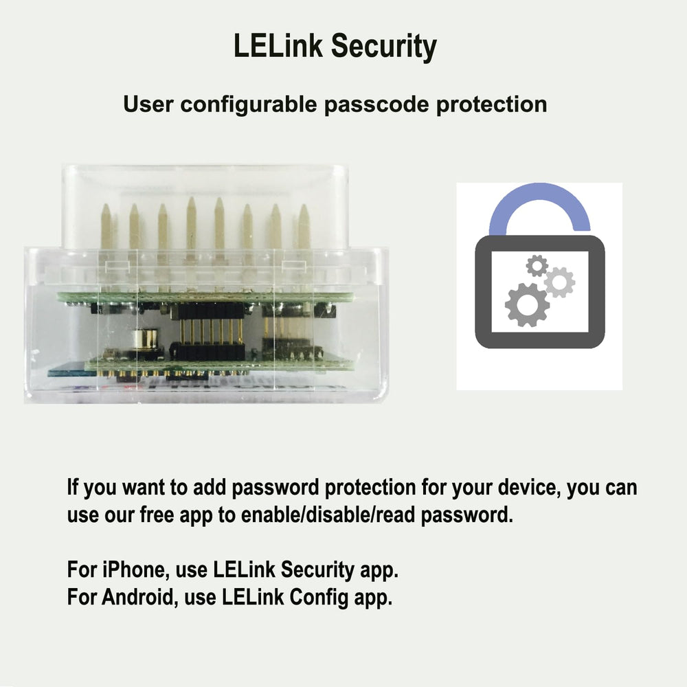 LELink passcode protection adds device security during diagnostics.