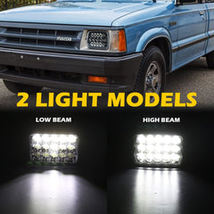 Lemniscate headlights showing high and low beam capability for versatile driving.