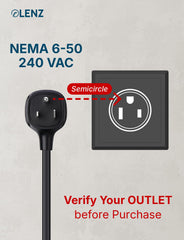 LENZ NEMA 6-50 adapter plugged into a 240V outlet for high-power charging.
