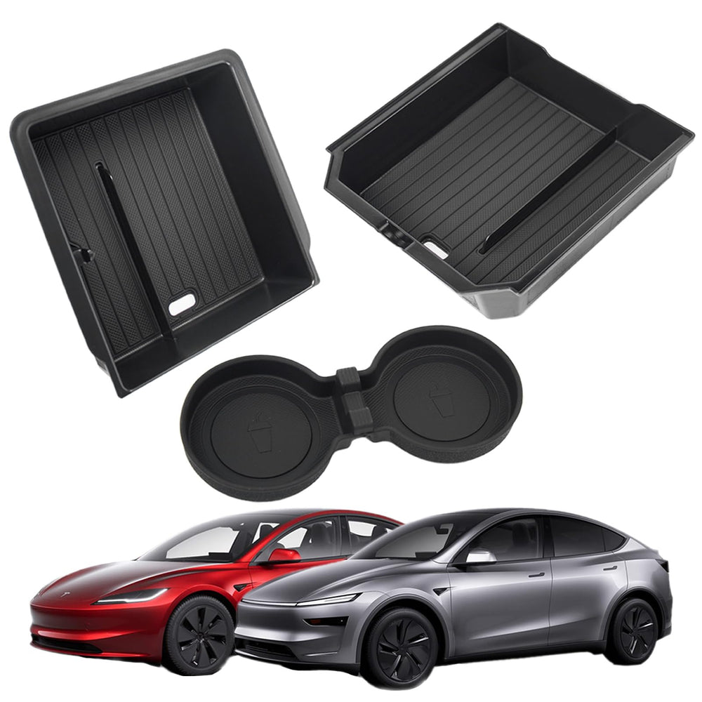 LEQEE center console organizer for Tesla Model Y Juniper sliding tray keeps essentials within reach.