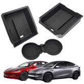 LEQEE center console organizer for Tesla Model Y Juniper sliding tray keeps essentials within reach.