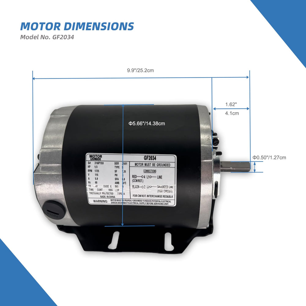 LEUNGOO GF2034 blower motor reversible rotation enables flexible wiring.