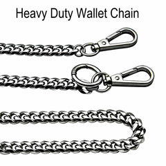 Liangery biker-inspired wallet chain on denim highlighting rugged sophistication.