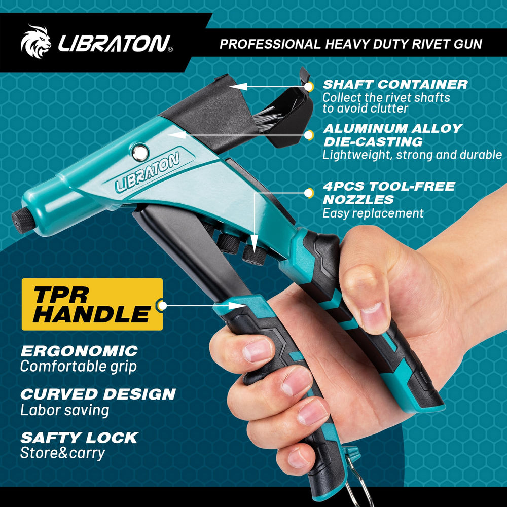 LIBRATON rivet gun shows heavy-duty aluminum body for durability and lightness.