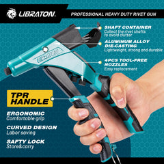 LIBRATON rivet gun shows heavy-duty aluminum body for durability and lightness.