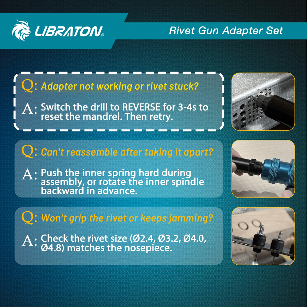 LIBRATON rivet adapter includes reverse function to eject stubborn mandrels.