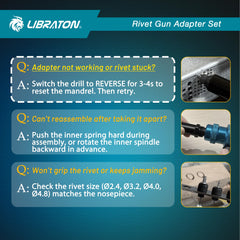 LIBRATON rivet adapter includes reverse function to eject stubborn mandrels.