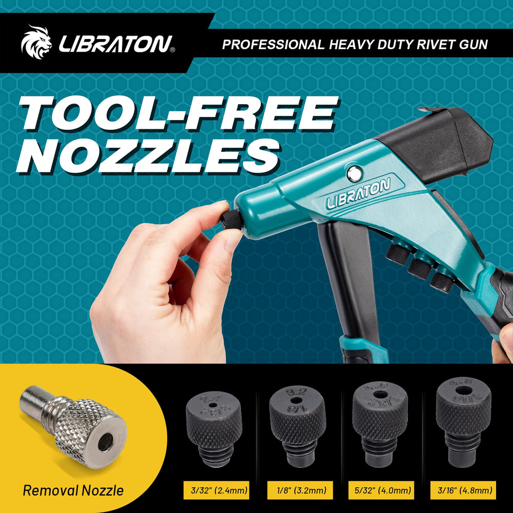 LIBRATON rivet gun includes four tool-free interchangeable nozzles for versatility.