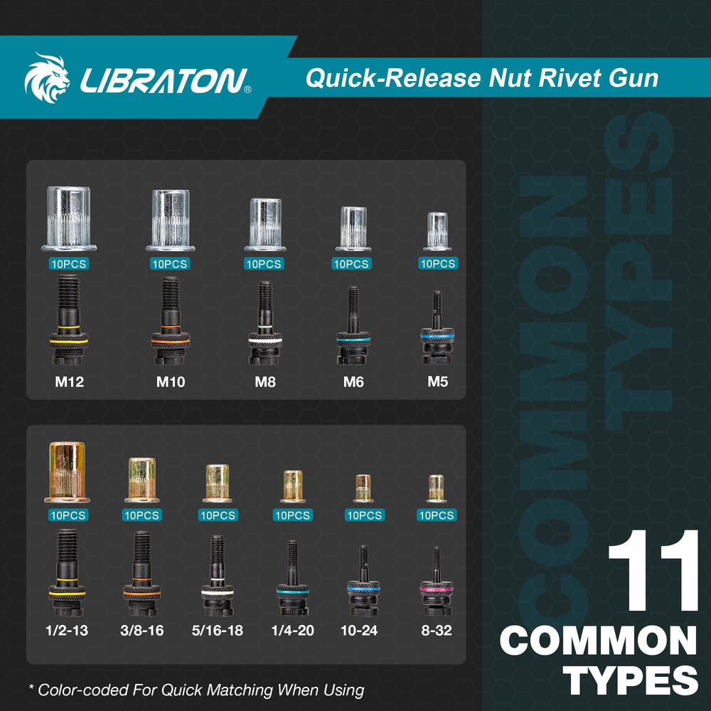 LIBRATON Rivet Nut Tool mandrels and nozzles ensure quick setup for different sizes.
