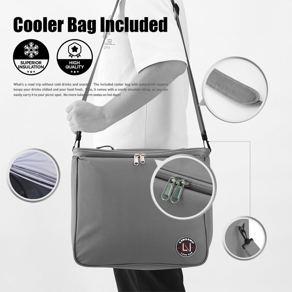 LIBZAKI trunk organizer with detachable ice bag carried on back or shoulder.